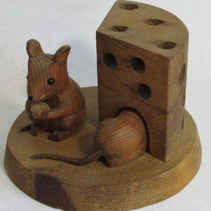 Unique Carved Wood Folk Art Sculpture of Mice & Cheese Signed John Nelson 1980!